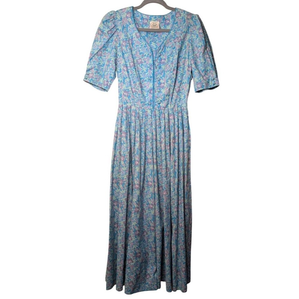 Vtg Laura Ashley Prairie Dress Blue Floral Puff Sleeve Maxi Cotton UK Made sz 8